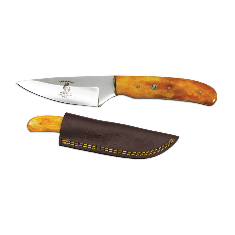 ''Bone Collector 8'''' Yellow Bovine Bone Handle Hunting Knife with LEATHER Sheath''