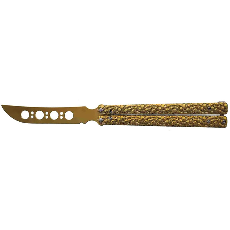 Extra Large SKULL Textured Handle Training Butterfly Knife - Gold