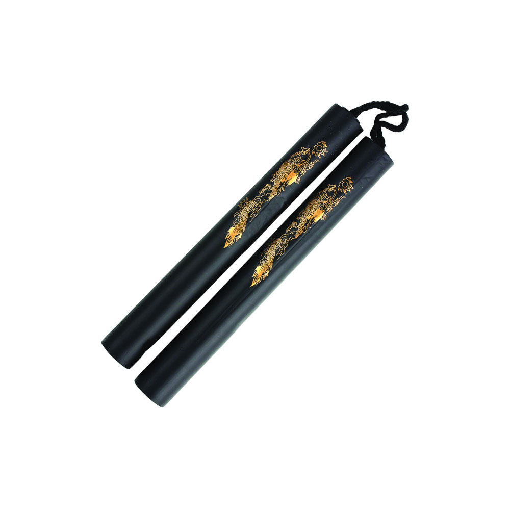 ''12'''' Foam Nunchaku With Gold DRAGON Print and Rope - Black''