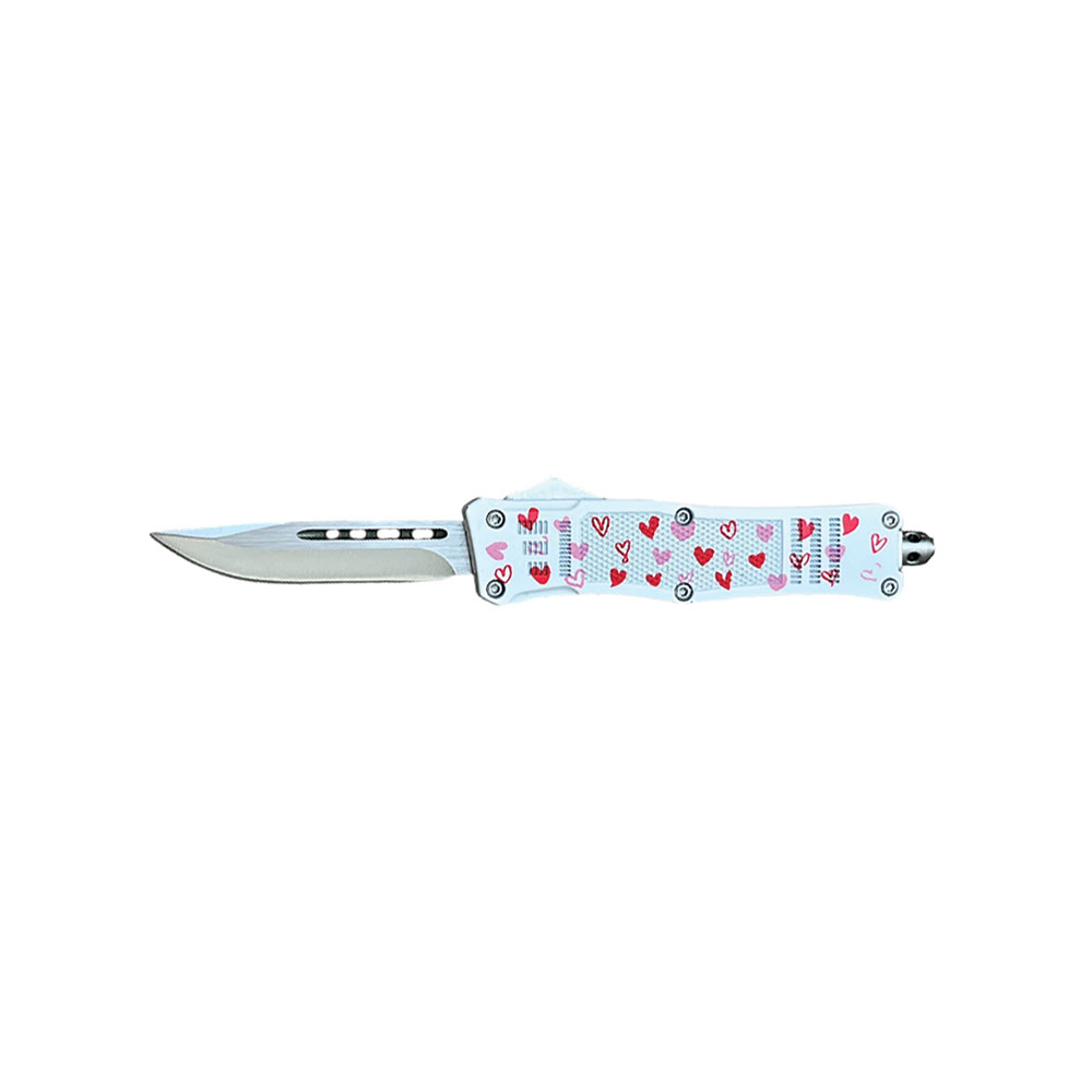 Heart of Steel: OTF AUTOMATIC KNIFE with 3D White Heart Design