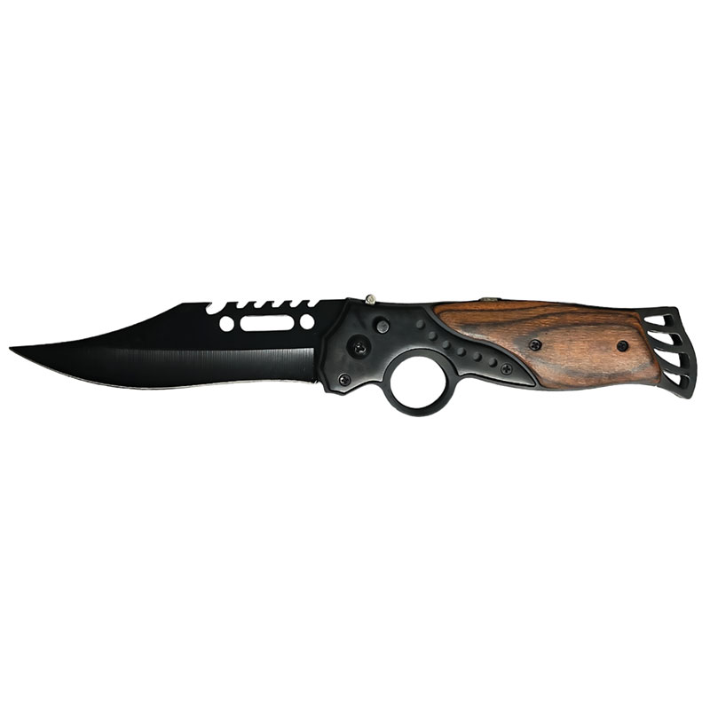 Automatic Knife with Built-in LED Light & Wood Overlay - Black